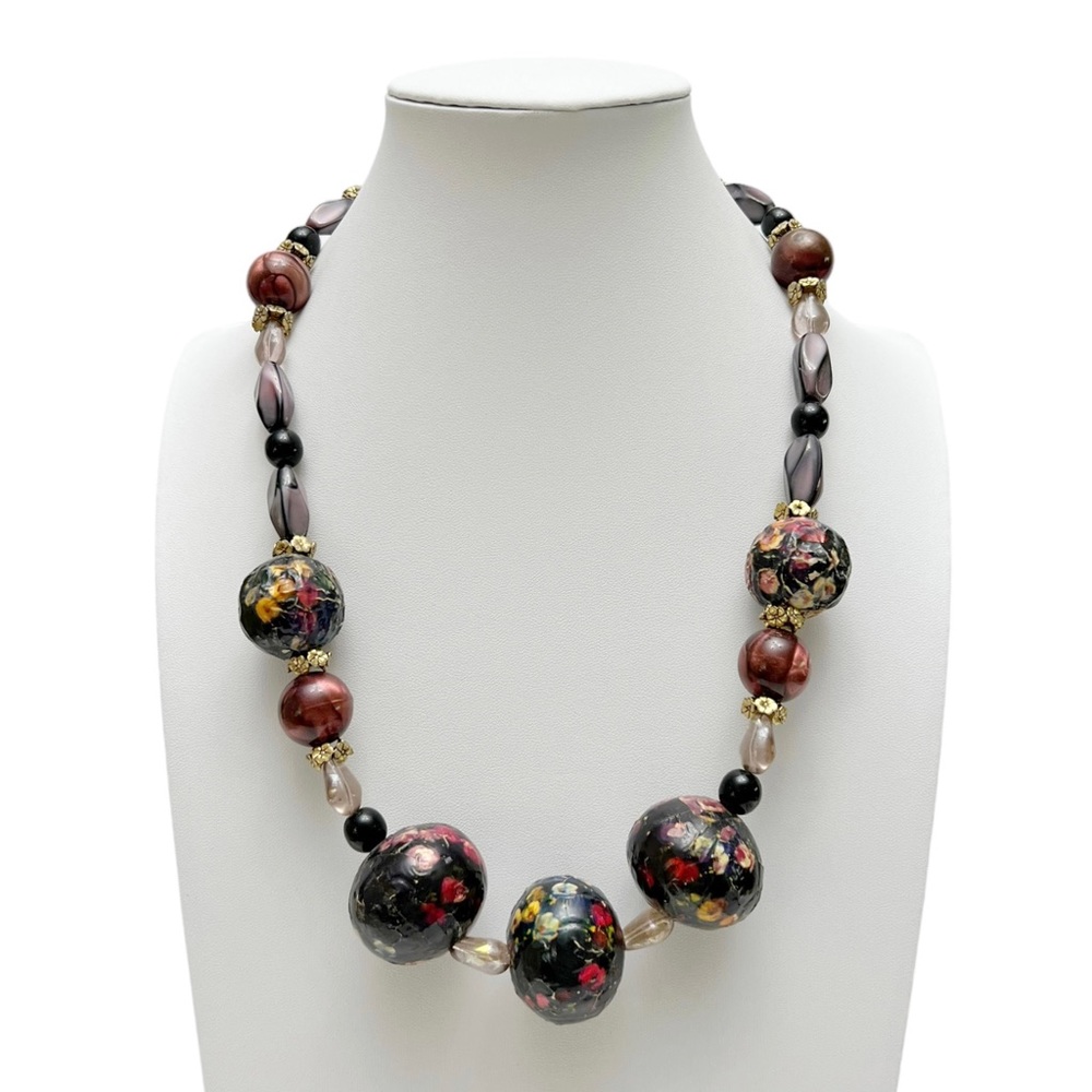 Vintage Black Purple Floral Glass Papier-mâché Beaded Funky Necklace Handmade - Picture 1 of 6
